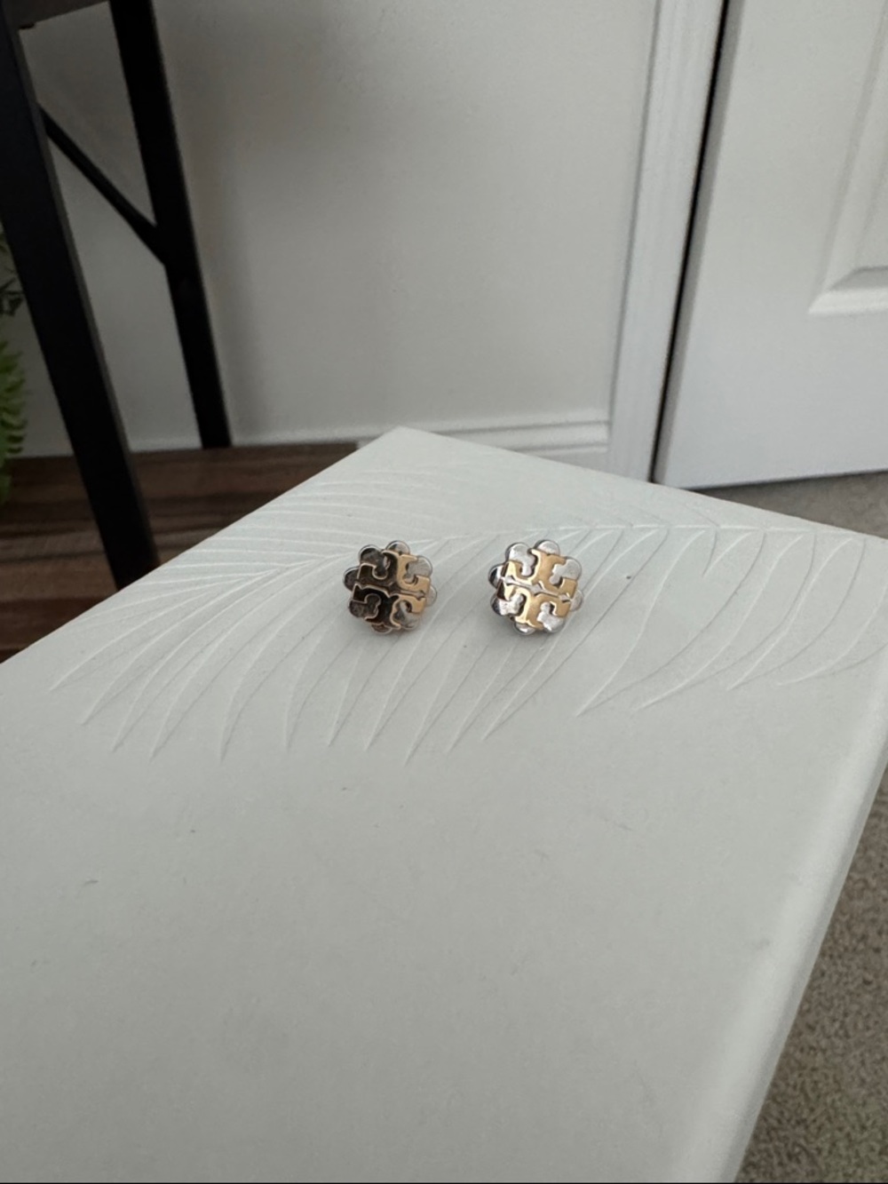 Tory Burch Two-Tone Logo Stud Earrings — Gold & Silver